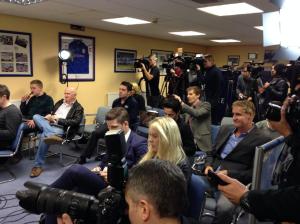 Pictured (right) pitching questions to Tim Cahill in the pre-match press conference